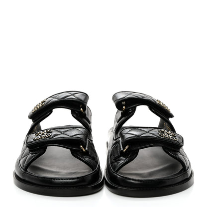 Chanel Lambskin Quilted Velcro Dad Chain CC Slide Sandals 39 Black 2 of 9