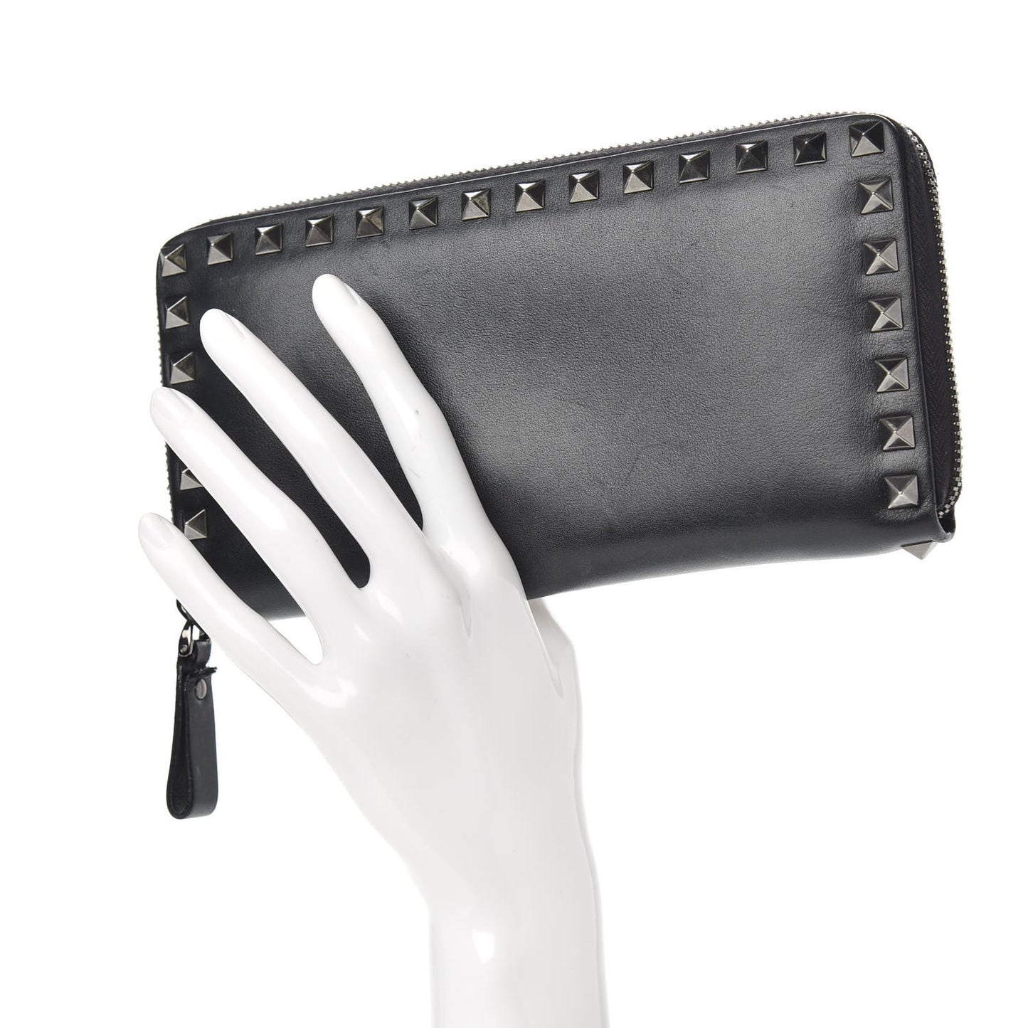 Calfskin Tonal Rockstud Zip Around Wallet Black