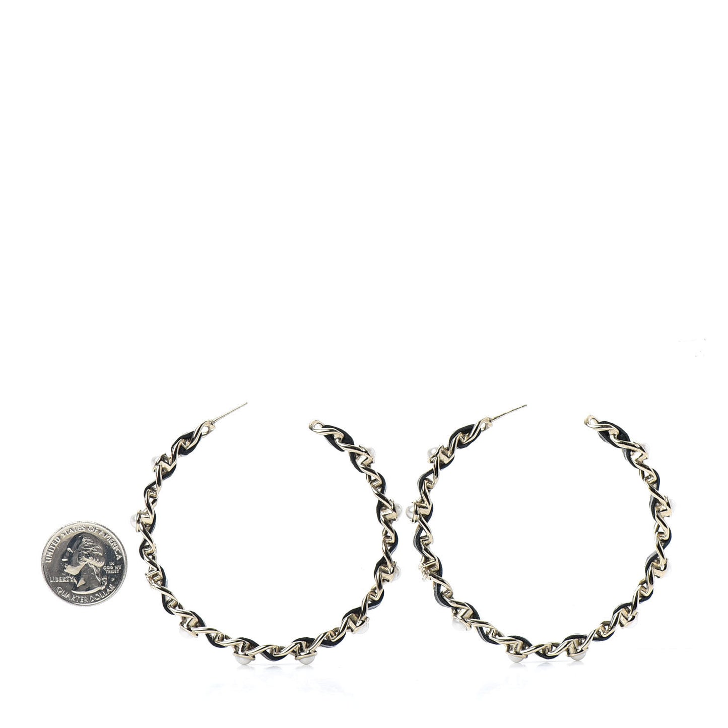 Lambskin Pearl CC Chain Hoop Earrings Gold Black