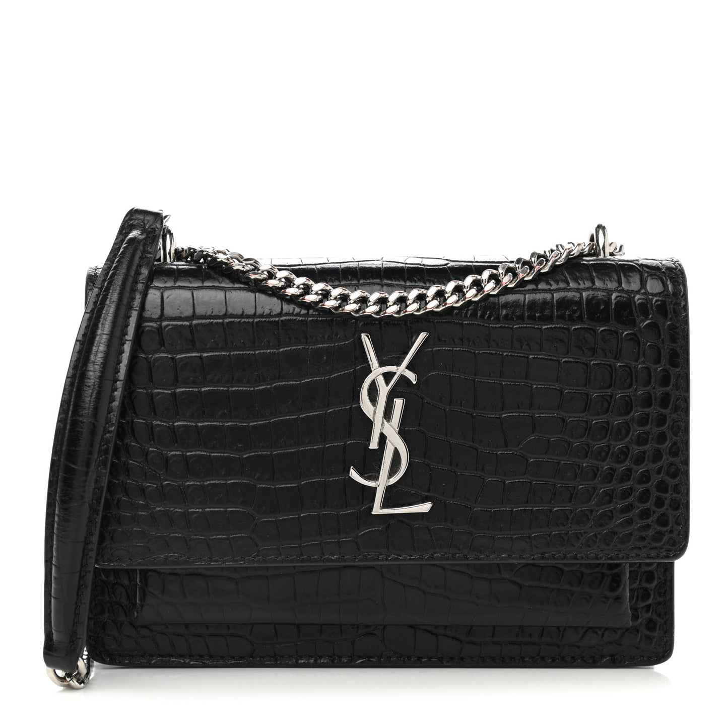 Calfskin Crocodile Embossed Monogram Sunset Chain Wallet Black