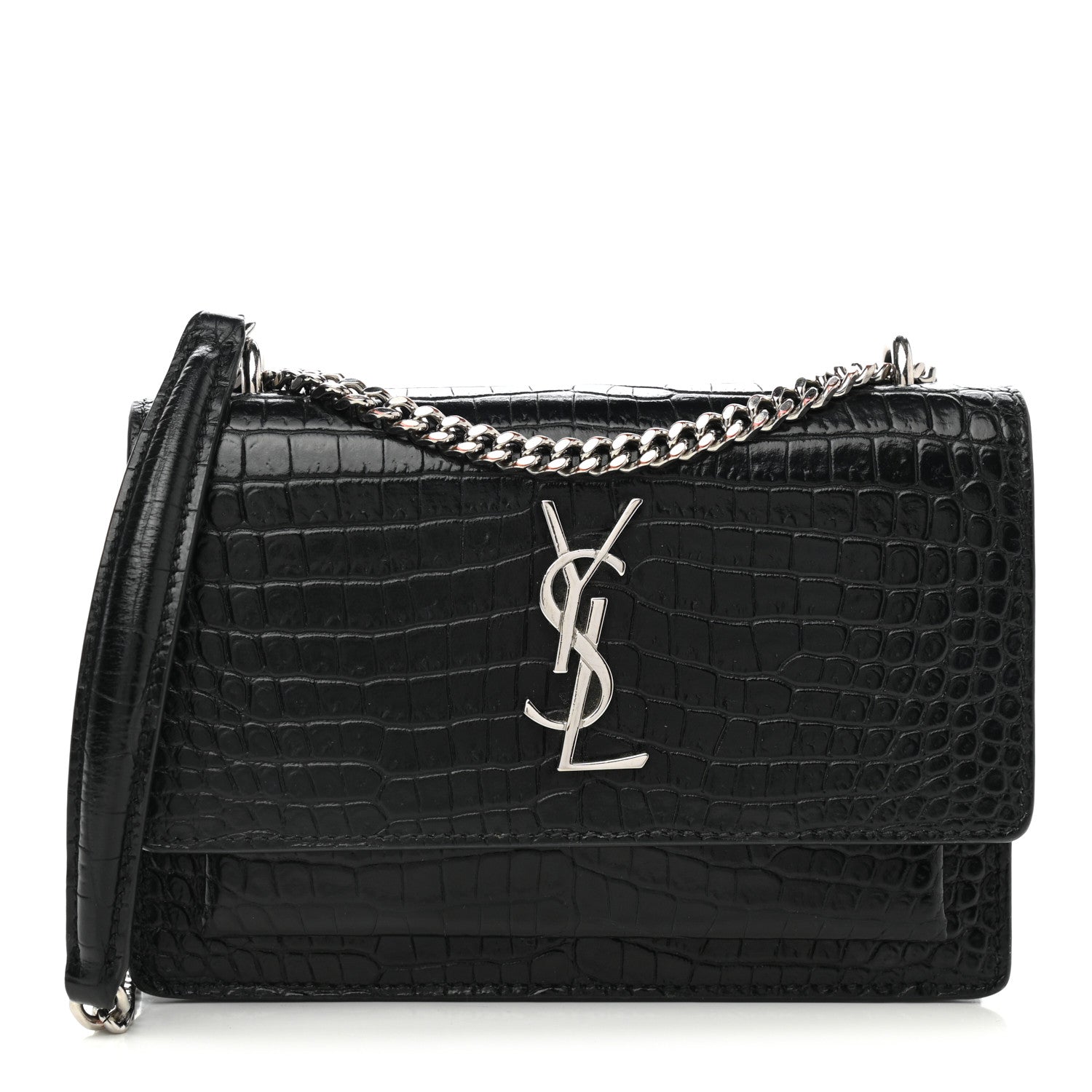 Saint Laurent Calfskin Crocodile Embossed Monogram Sunset Chain Wallet Black 1 of 10