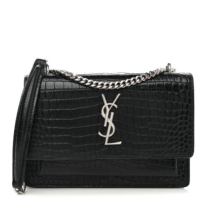 Saint Laurent Calfskin Crocodile Embossed Monogram Sunset Chain Wallet Black 1 of 10