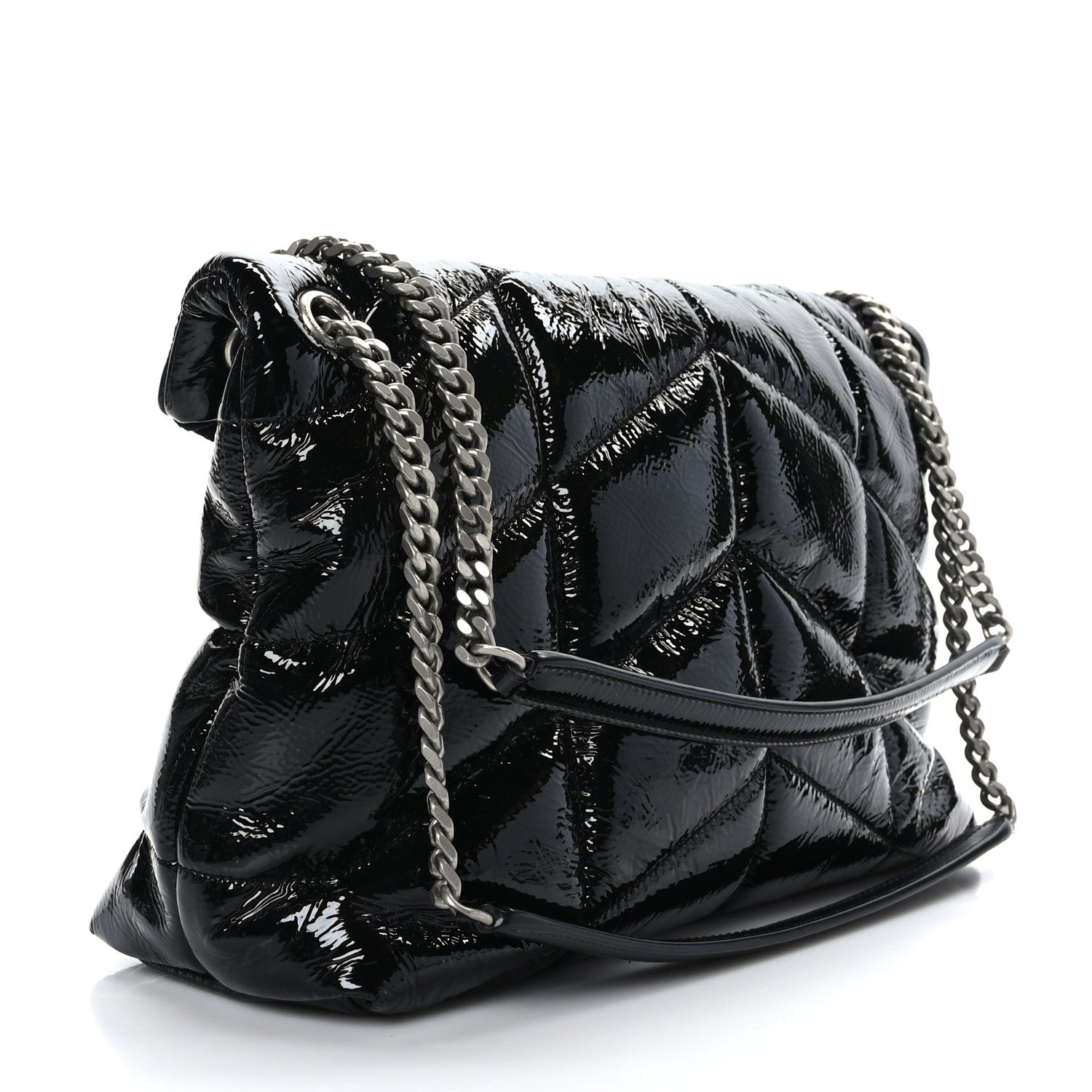 Saint Laurent Patent Lambskin Quilted Medium Loulou Puffer Monogram Chain Satchel Black 3 of 9