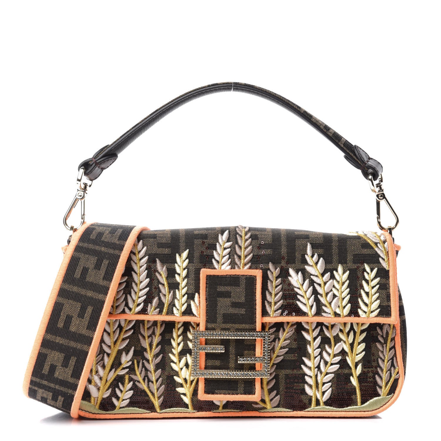 Fendi Fabric Jacquard FF 1974 Plant Embroidered Baguette Tobacco Moro Orange 1 of 10
