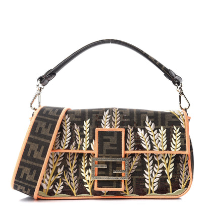 Fendi Fabric Jacquard FF 1974 Plant Embroidered Baguette Tobacco Moro Orange 1 of 10