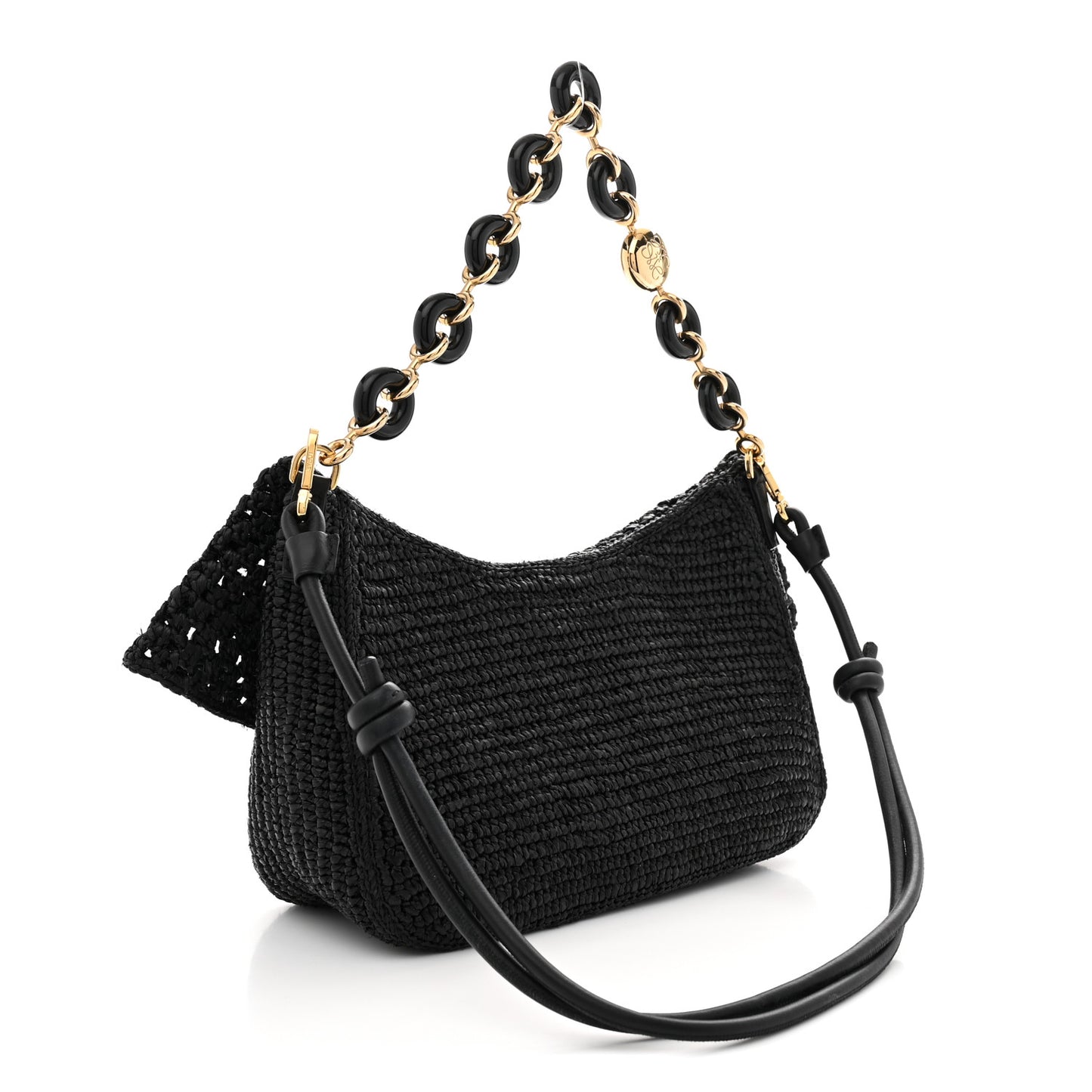 Raffia Donut Chain Medium Ola Shoulder Bag Black