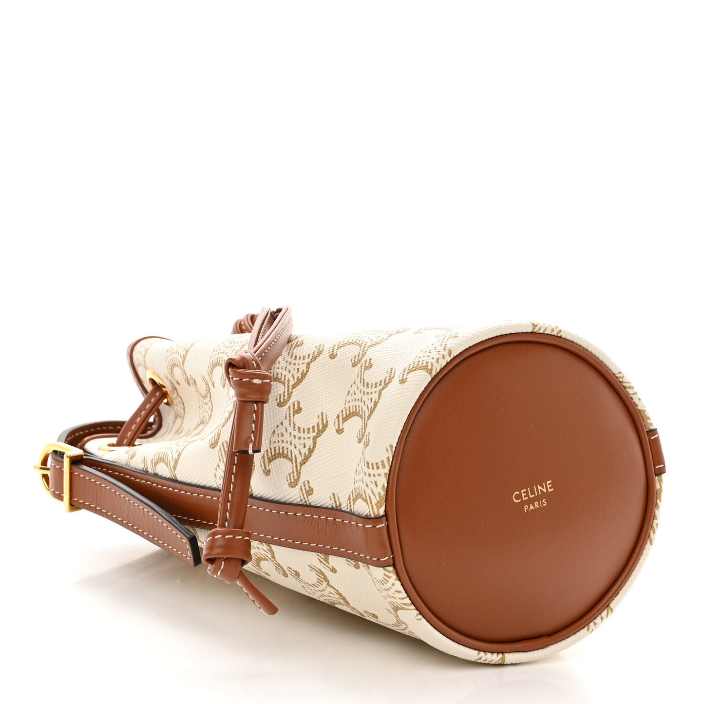 Triomphe Canvas Calfskin Micro Drawstring Bucket Bag White Tan
