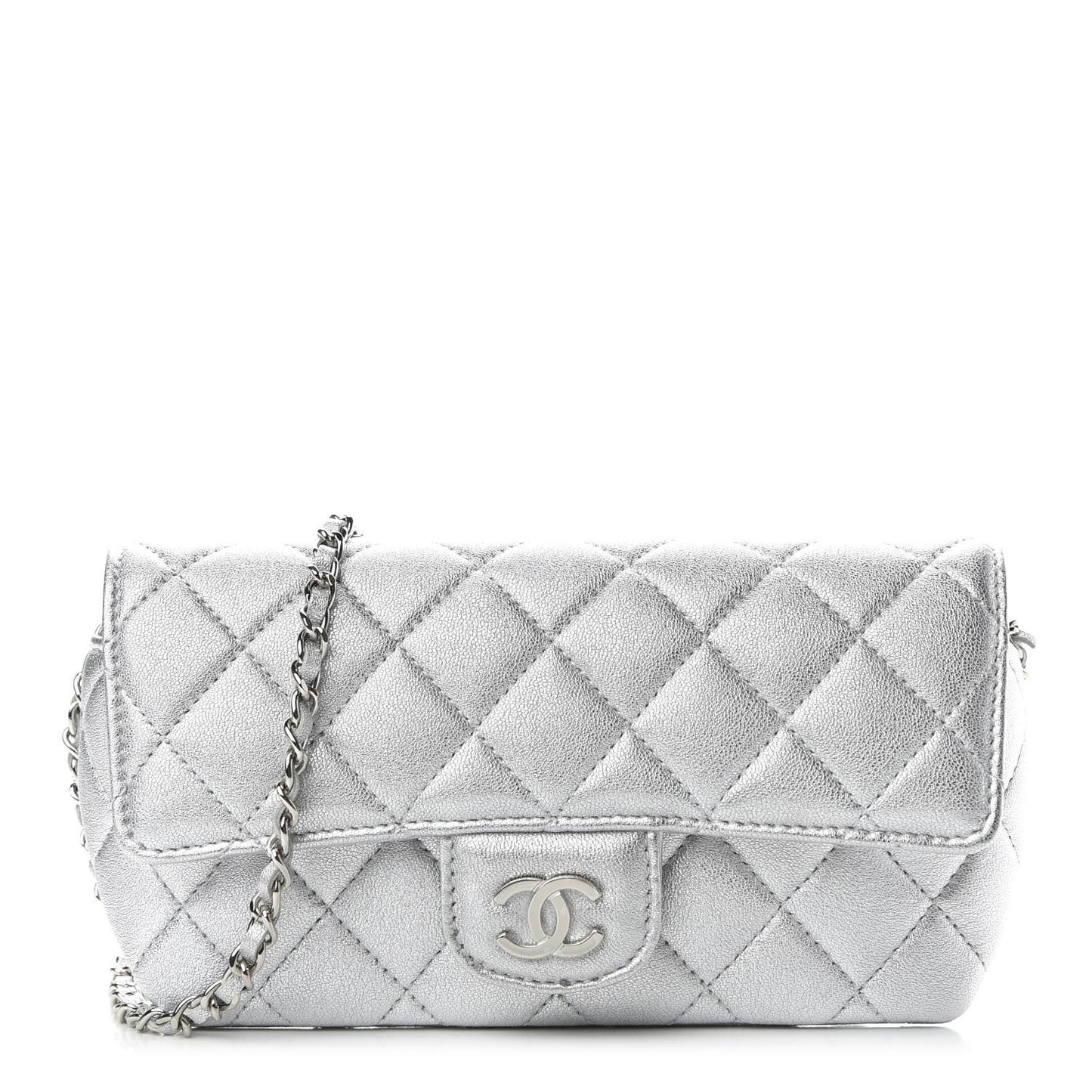 Metallic Lambskin Quilted Glasses Case With Chain Silver
