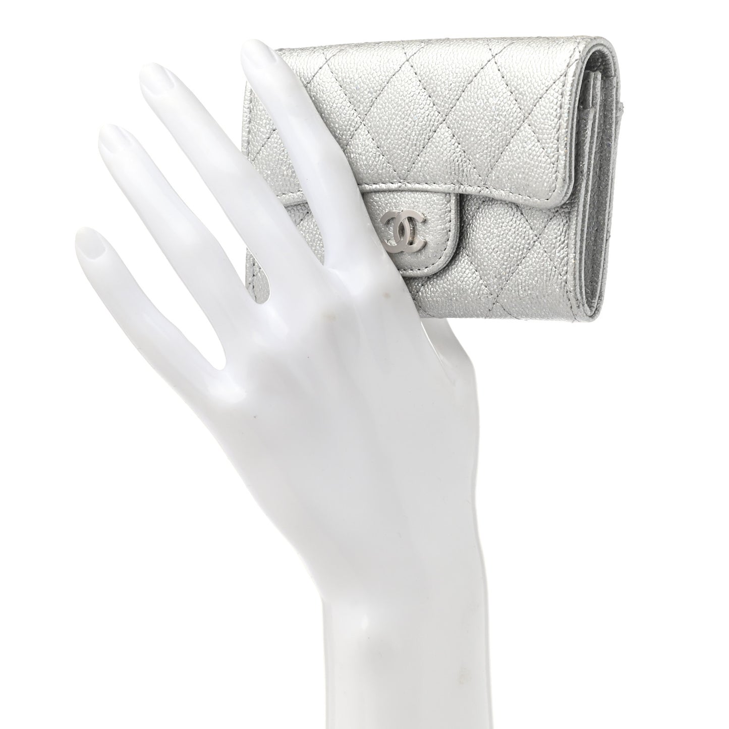 Metallic Caviar Quilted Flap Card Holder Wallet Silver