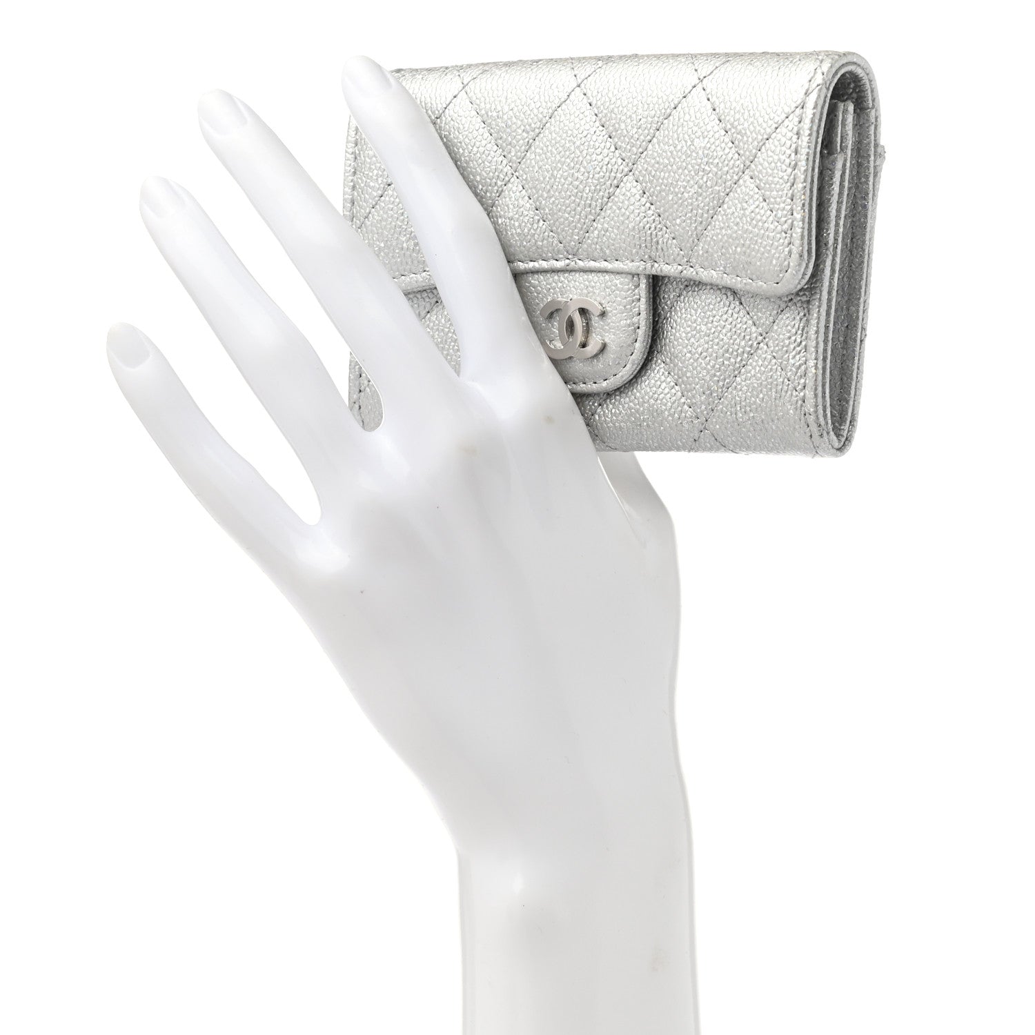 Chanel Metallic Caviar Quilted Flap Card Holder Wallet Silver 2 of 8