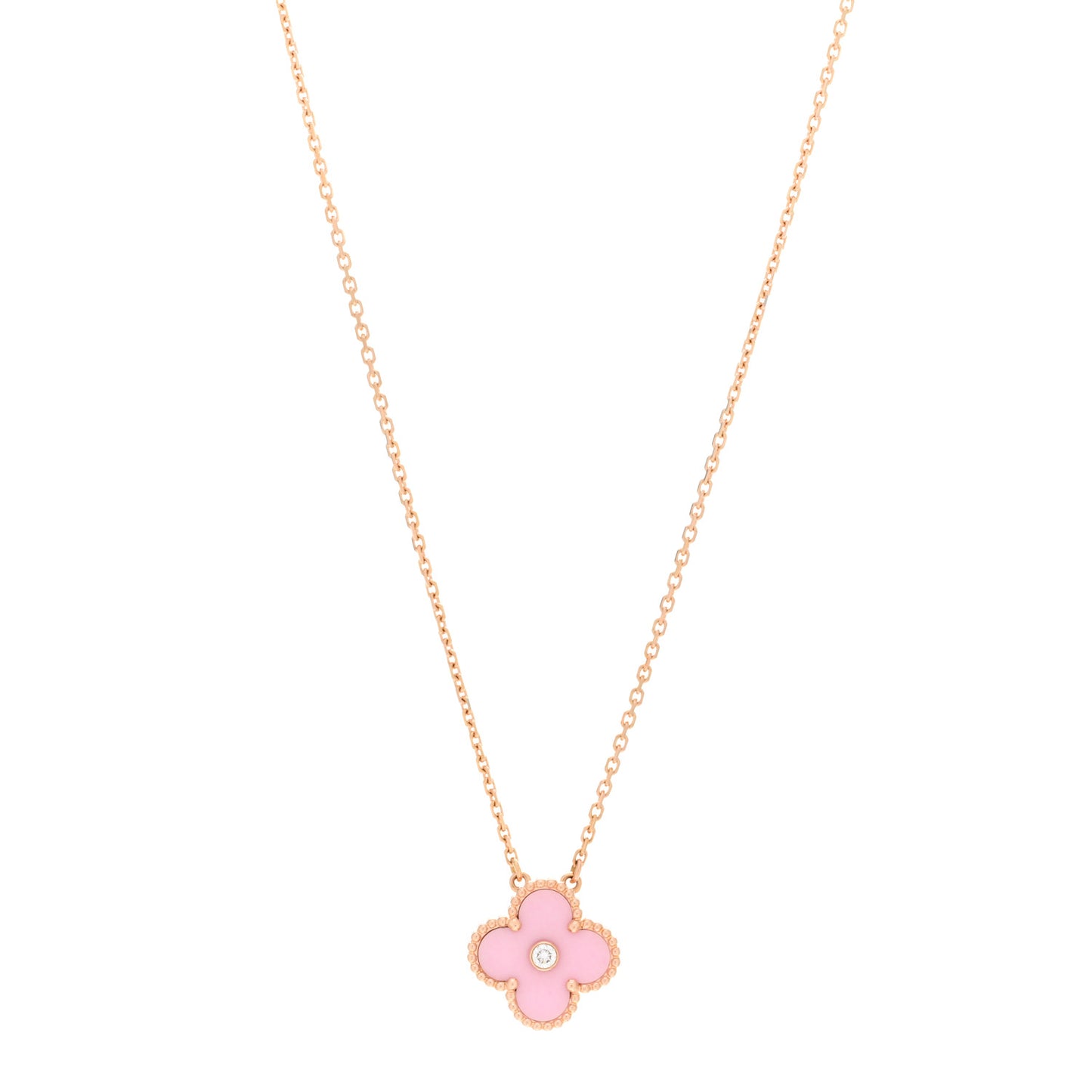 18K Rose Gold Diamond Pink Porcelain Vintage Alhambra Pendant Necklace