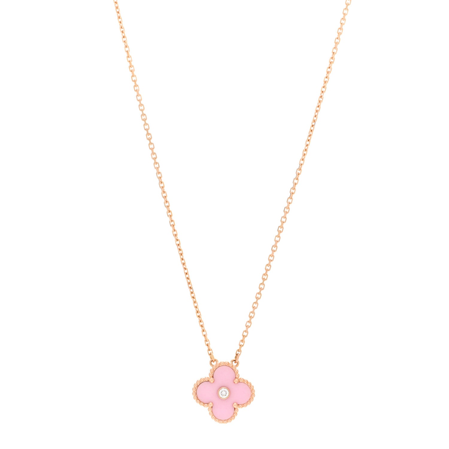 Van Cleef & Arpels 18K Rose Gold Diamond Pink Porcelain Vintage Alhambra Pendant Necklace 1 of 5