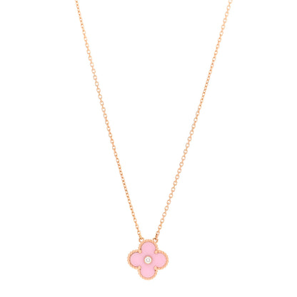Van Cleef & Arpels 18K Rose Gold Diamond Pink Porcelain Vintage Alhambra Pendant Necklace 1 of 5
