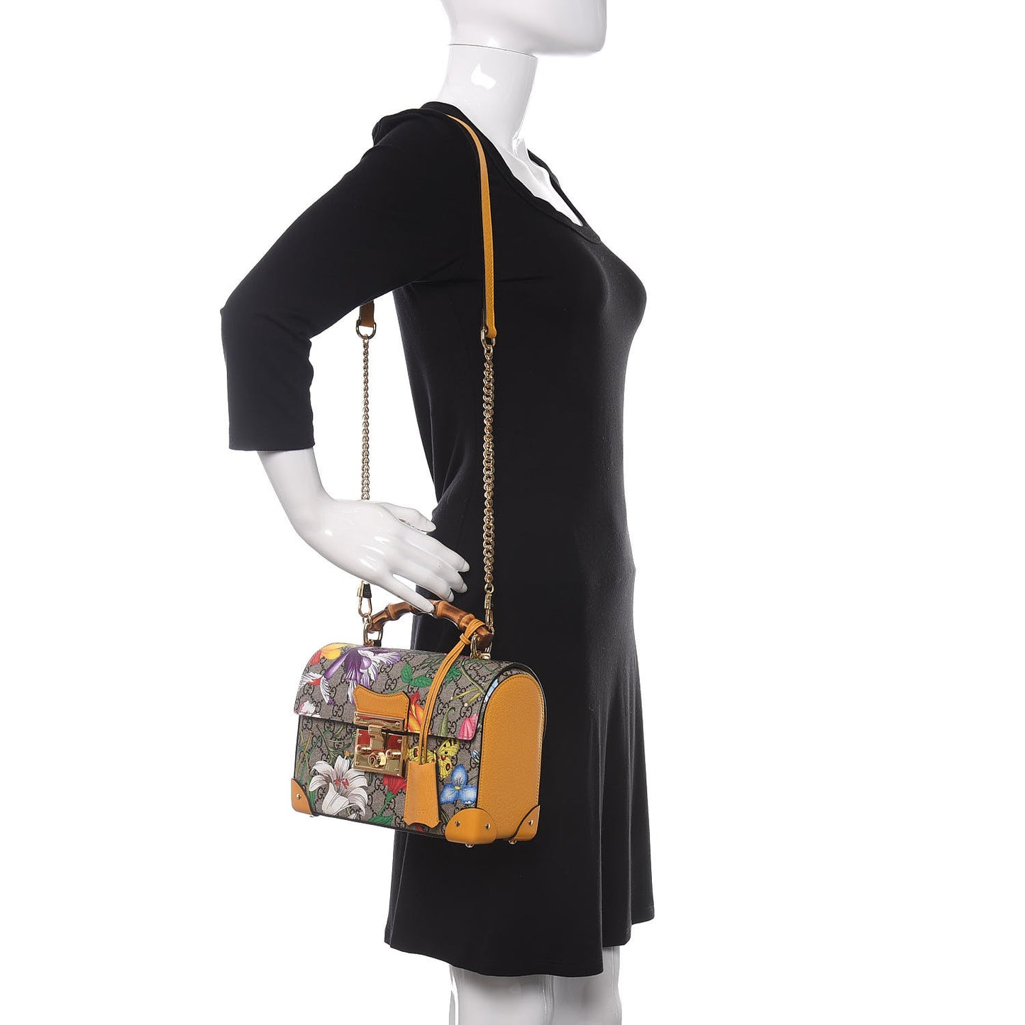 GG Supreme Monogram Flora Small Padlock Bamboo Shoulder Bag Beige Multicolor Crop