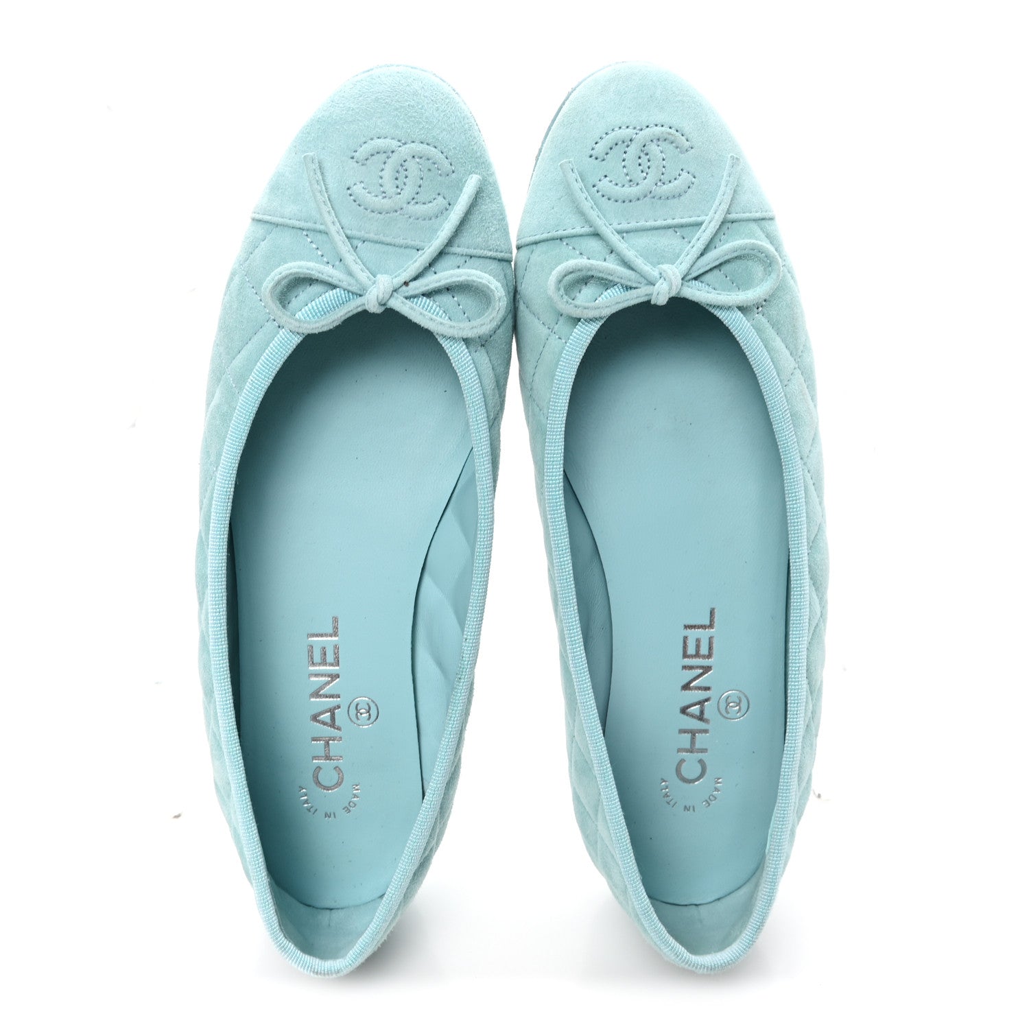Chanel Suede Calfskin Quilted Cap Toe CC Ballerina Flats 38 Light Blue 2 of 10