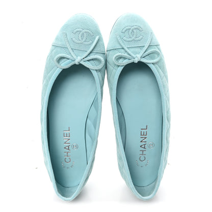 Chanel Suede Calfskin Quilted Cap Toe CC Ballerina Flats 38 Light Blue 2 of 10