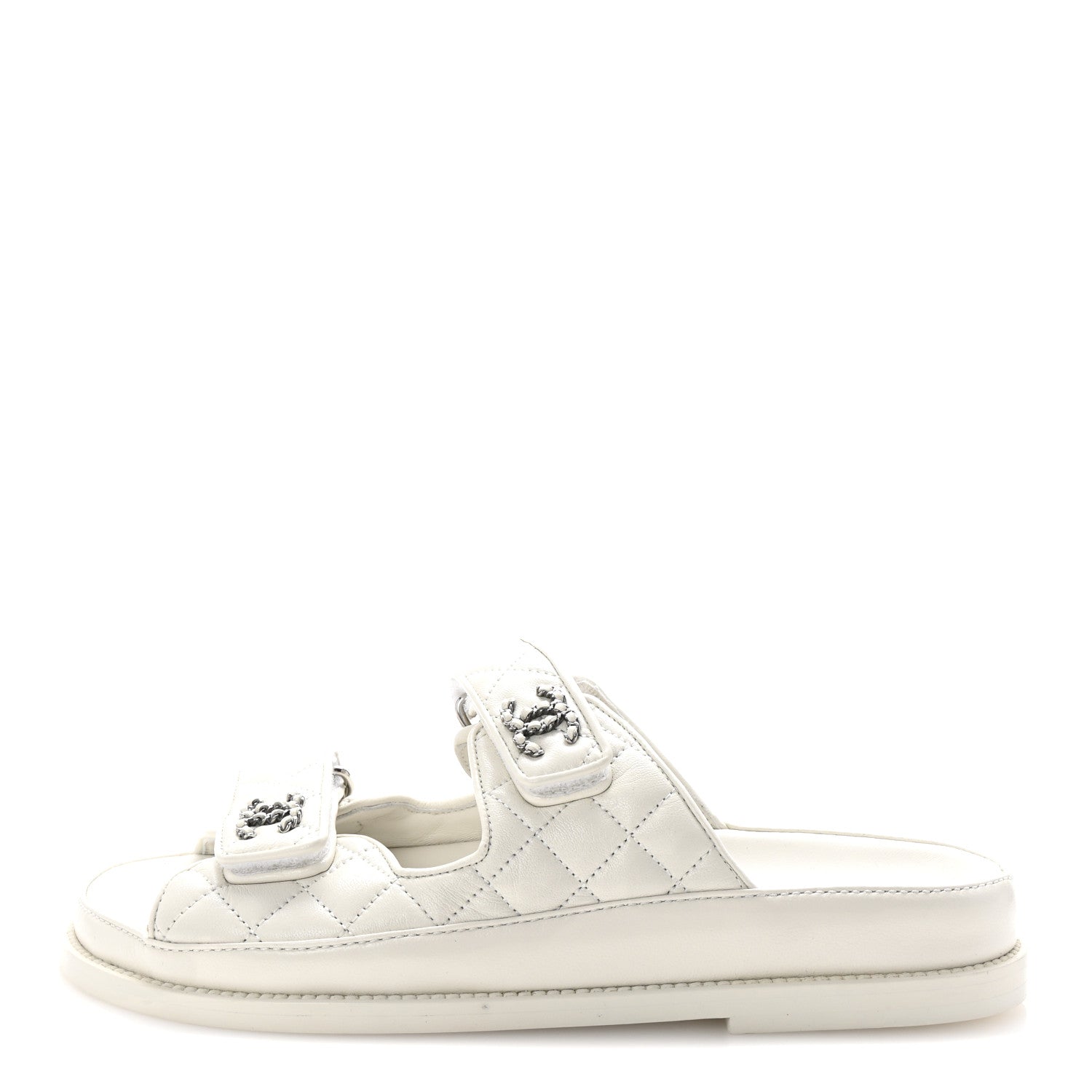 Chanel Lambskin Quilted Velcro Dad Chain CC Slide Sandals 37.5 White 1 of 9