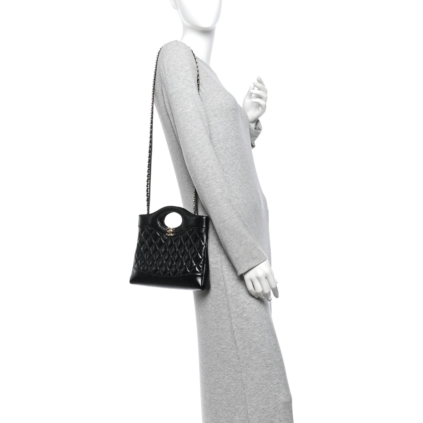 Shiny Crumpled Calfskin Quilted Mini 31 Shopping Bag Black