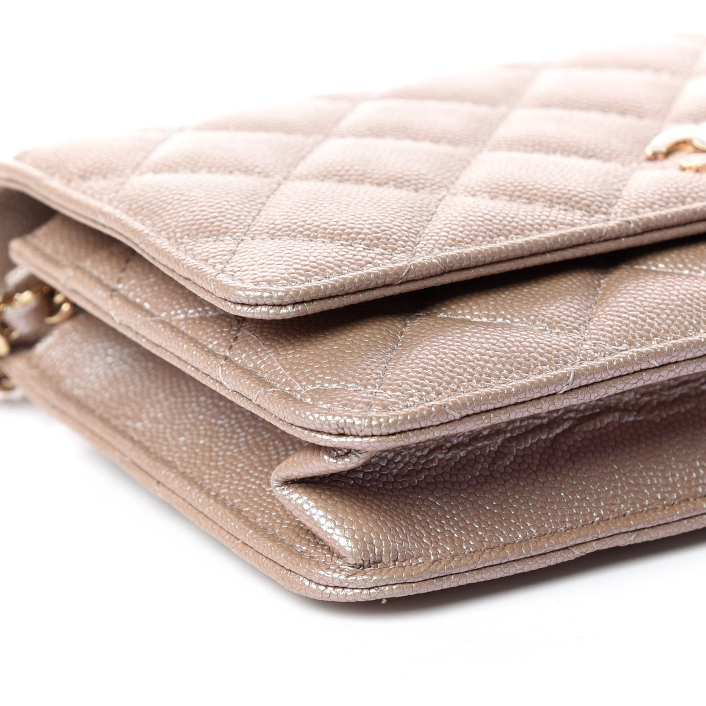 Iridescent Caviar Quilted Wallet On Chain WOC Beige