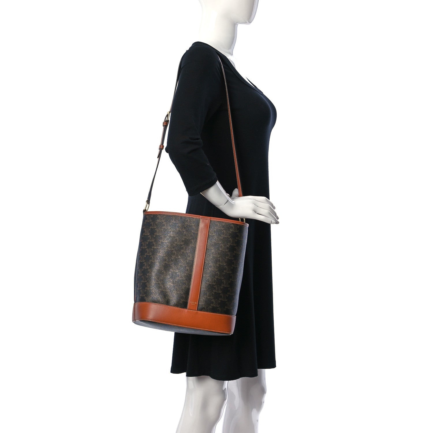 Celine Triomphe Canvas Calfskin Medium Bucket Bag Tan 2 of 10