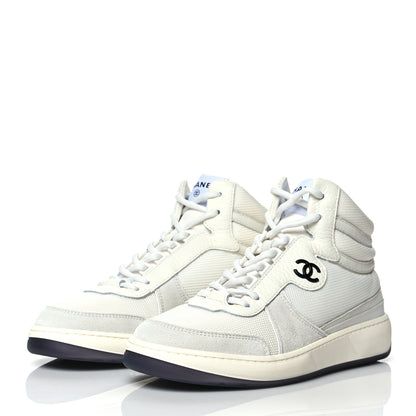 Chanel Suede Fabric Grained Calfskin Womens CC High Top Sneakers 38.5 White 3 of 7
