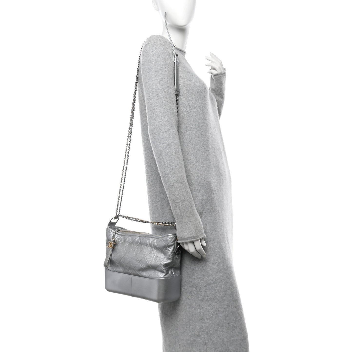 Metallic Aged Calfskin Quilted Medium Gabrielle Silver