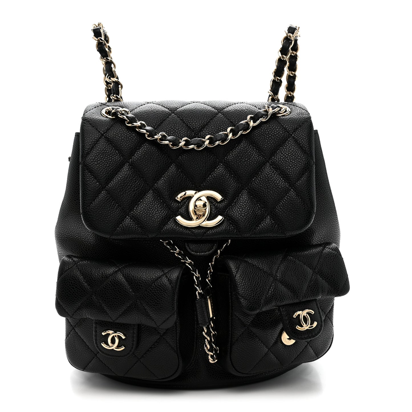 Shiny Caviar Quilted Medium Duma Pockets Drawstring Backpack Black