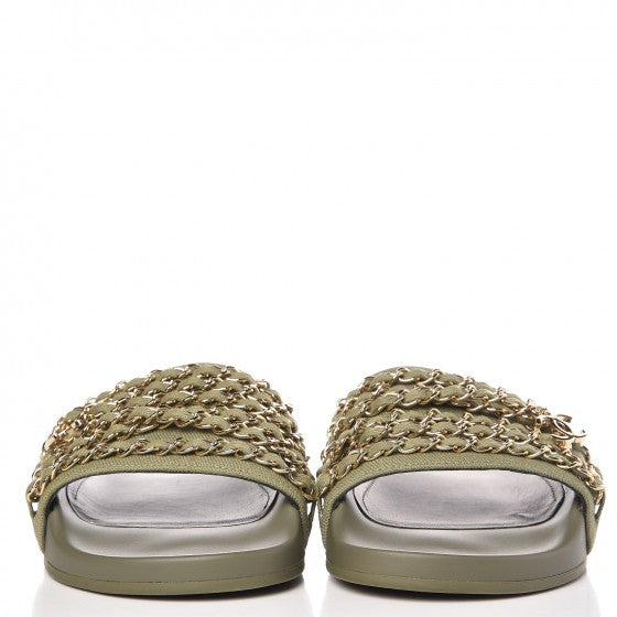 Canvas Chain Flat Sandals 36 Khaki