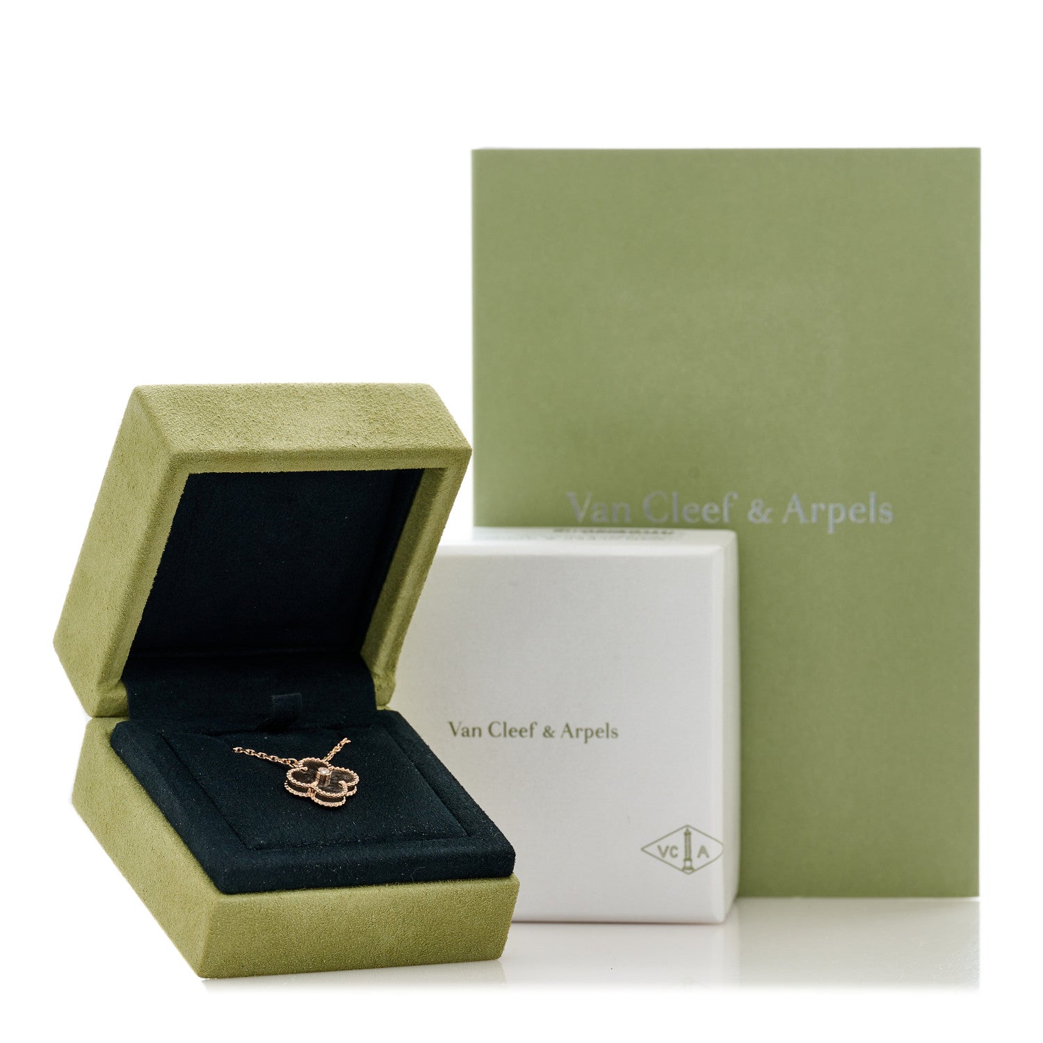 Van Cleef & Arpels 18K Rose Gold Diamond Silver Obsidian Vintage Alhambra Pendant Necklace 5 of 5