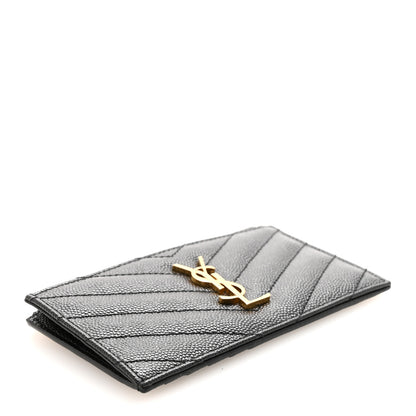Saint Laurent Grain De Poudre Matelasse Chevron Monogram Fragments Zippered Card Case Black 4 of 6