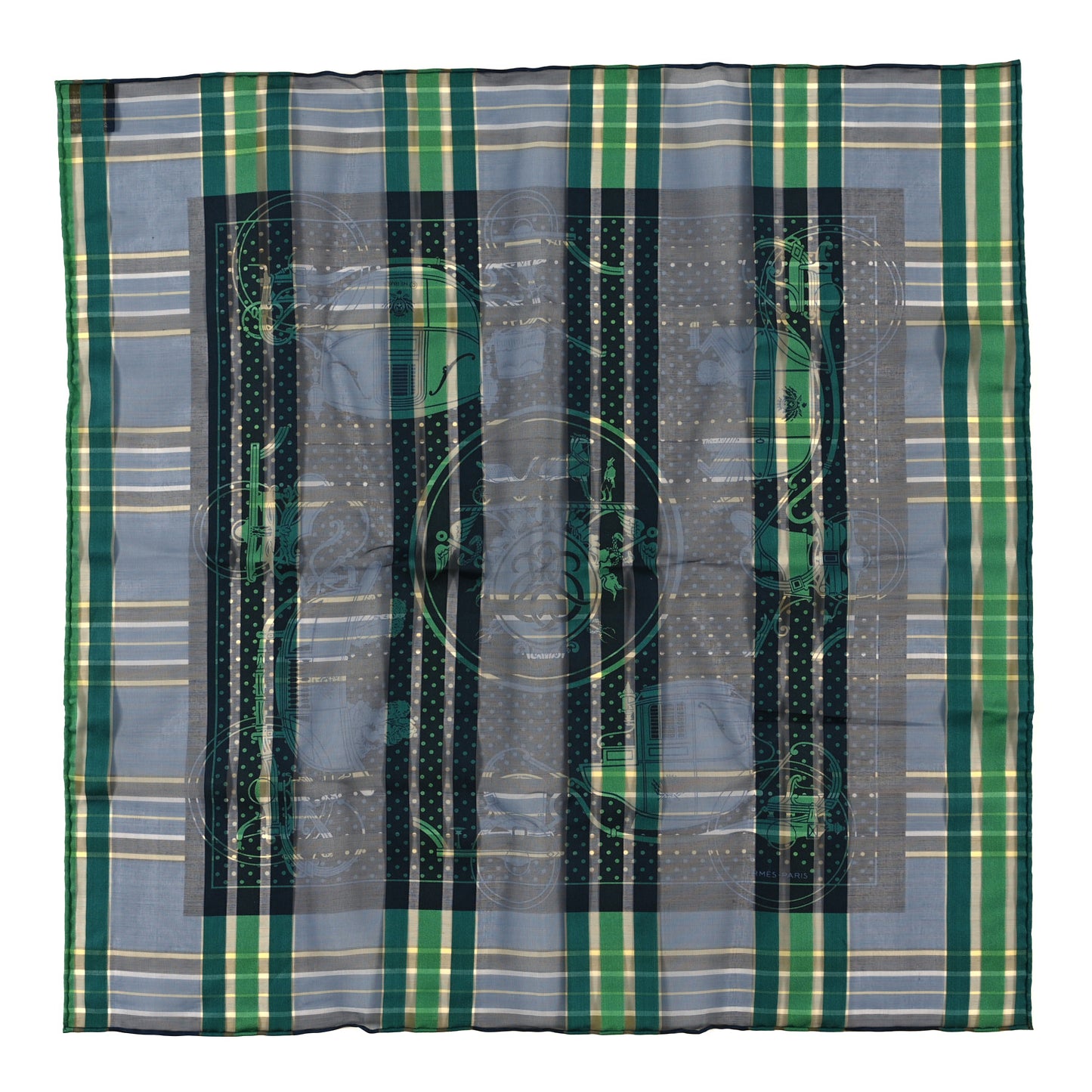 Silk Madras Ex Libris Bandana Scarf 55 Vert Bleu Multicolor