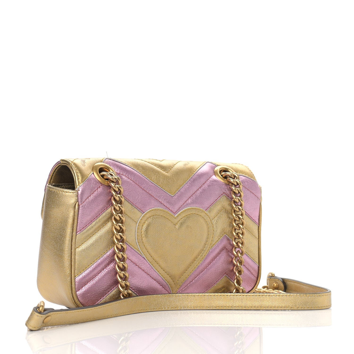 Gucci Metallic Calfskin Matelasse Mini GG Marmont Shoulder Bag Gold Pink 3 of 14