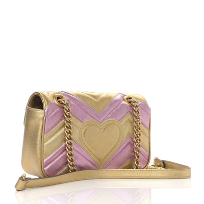 Gucci Metallic Calfskin Matelasse Mini GG Marmont Shoulder Bag Gold Pink 3 of 14