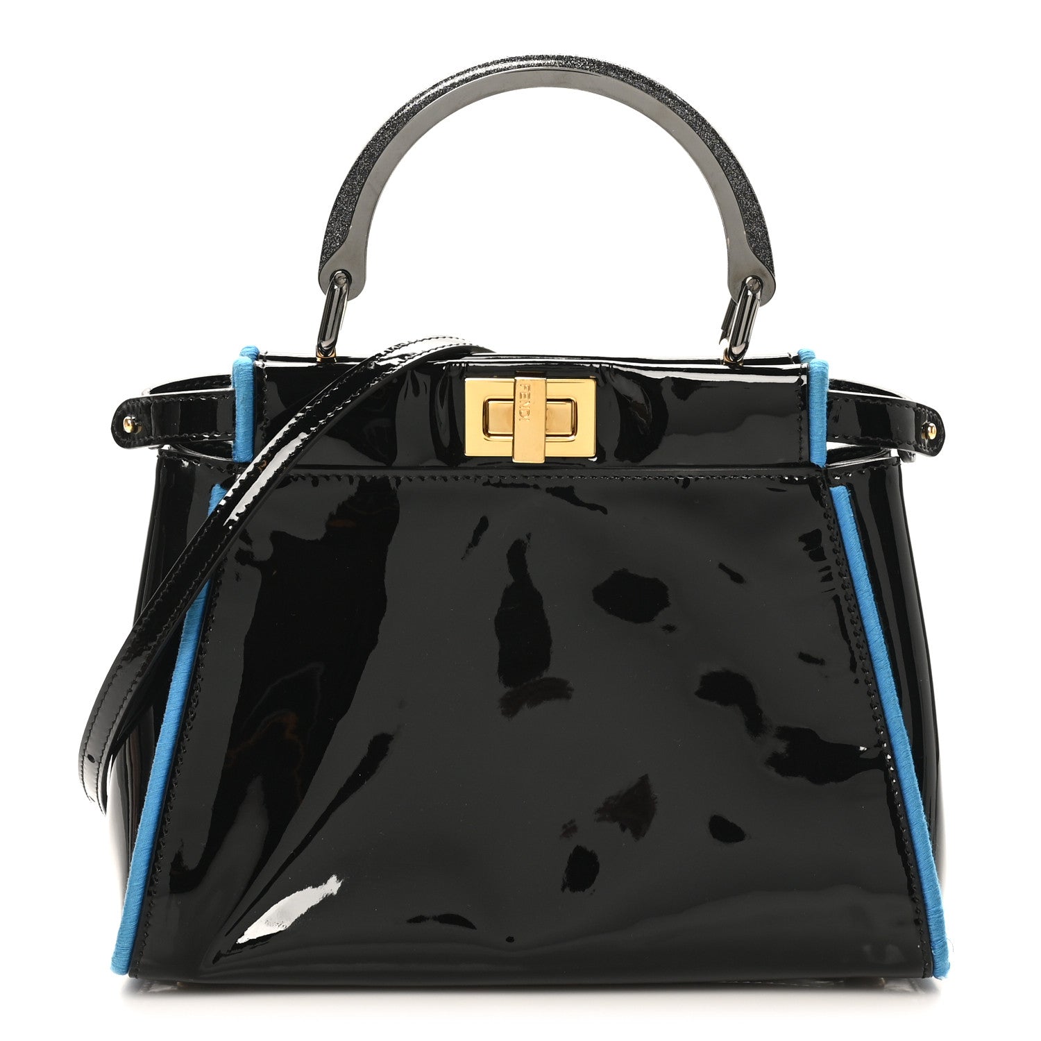 Fendi Patent Mini Plexi Handle Peekaboo Iconic Satchel Black Blue 1 of 9