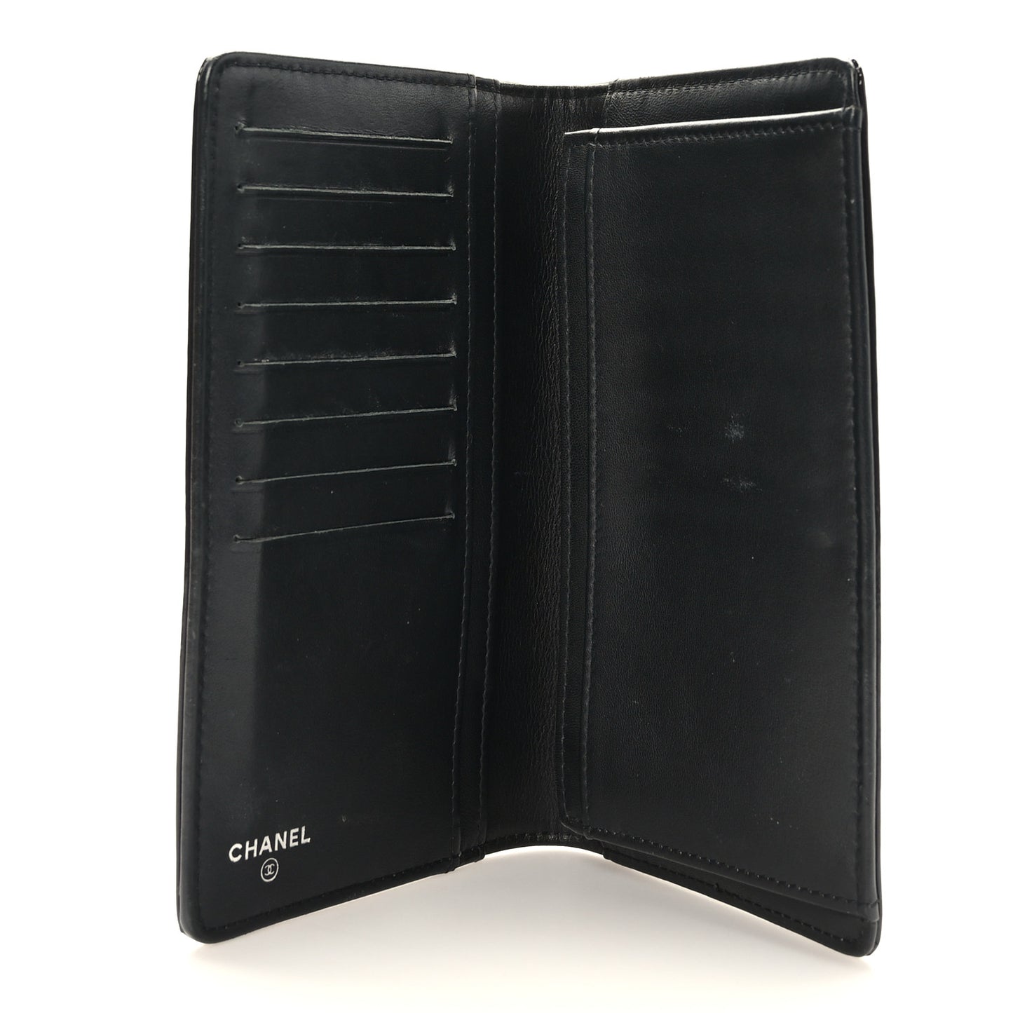 Patent Camellia Embossed Yen Wallet Black