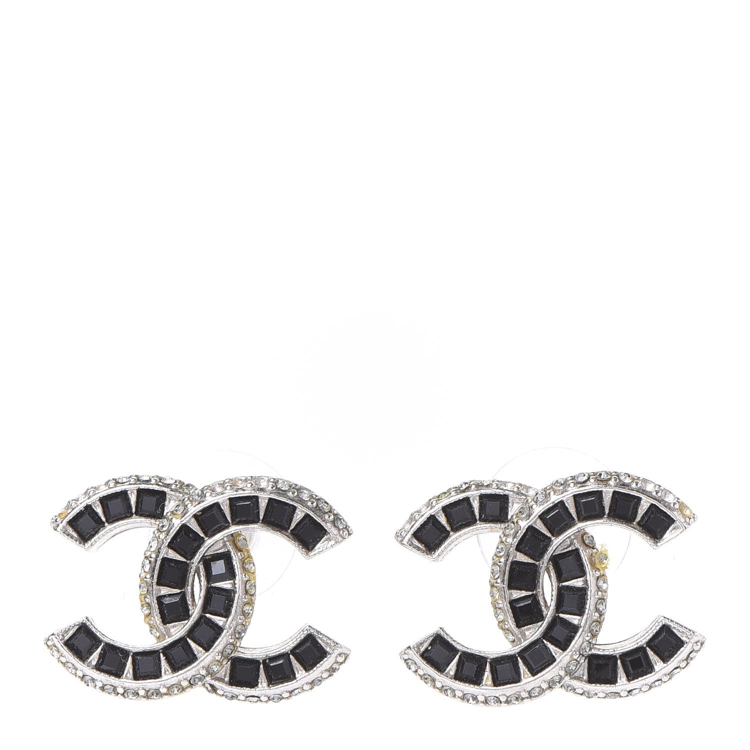 Chanel Baguette Crystal CC Earrings Silver Black 1 of 8