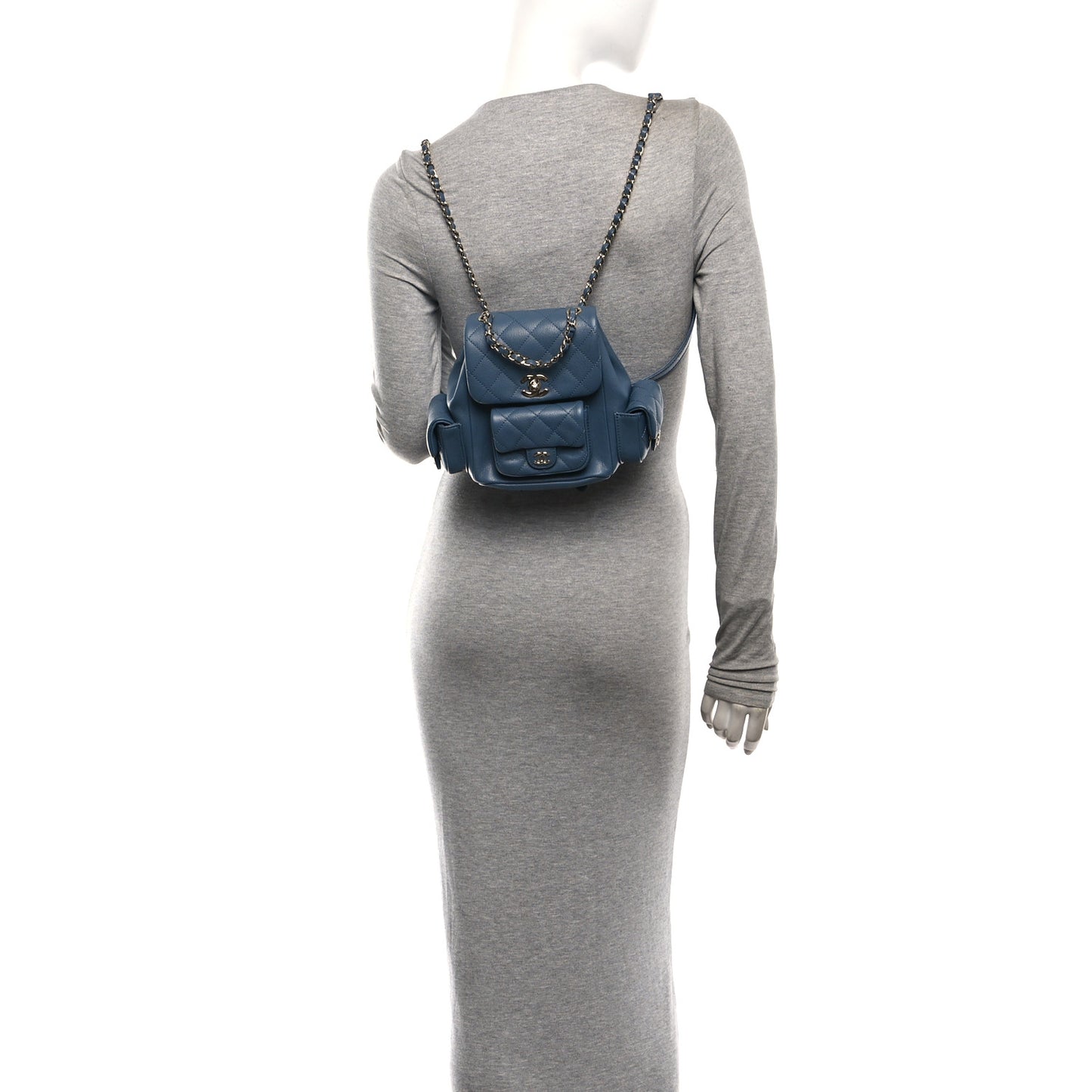 Shiny Caviar Quilted Small Duma Pockets Drawstring Backpack Blue