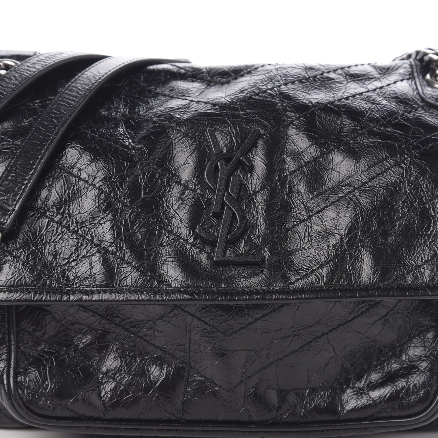 Crinkled Calfskin Matelasse Monogram Medium Niki Chain Satchel Black