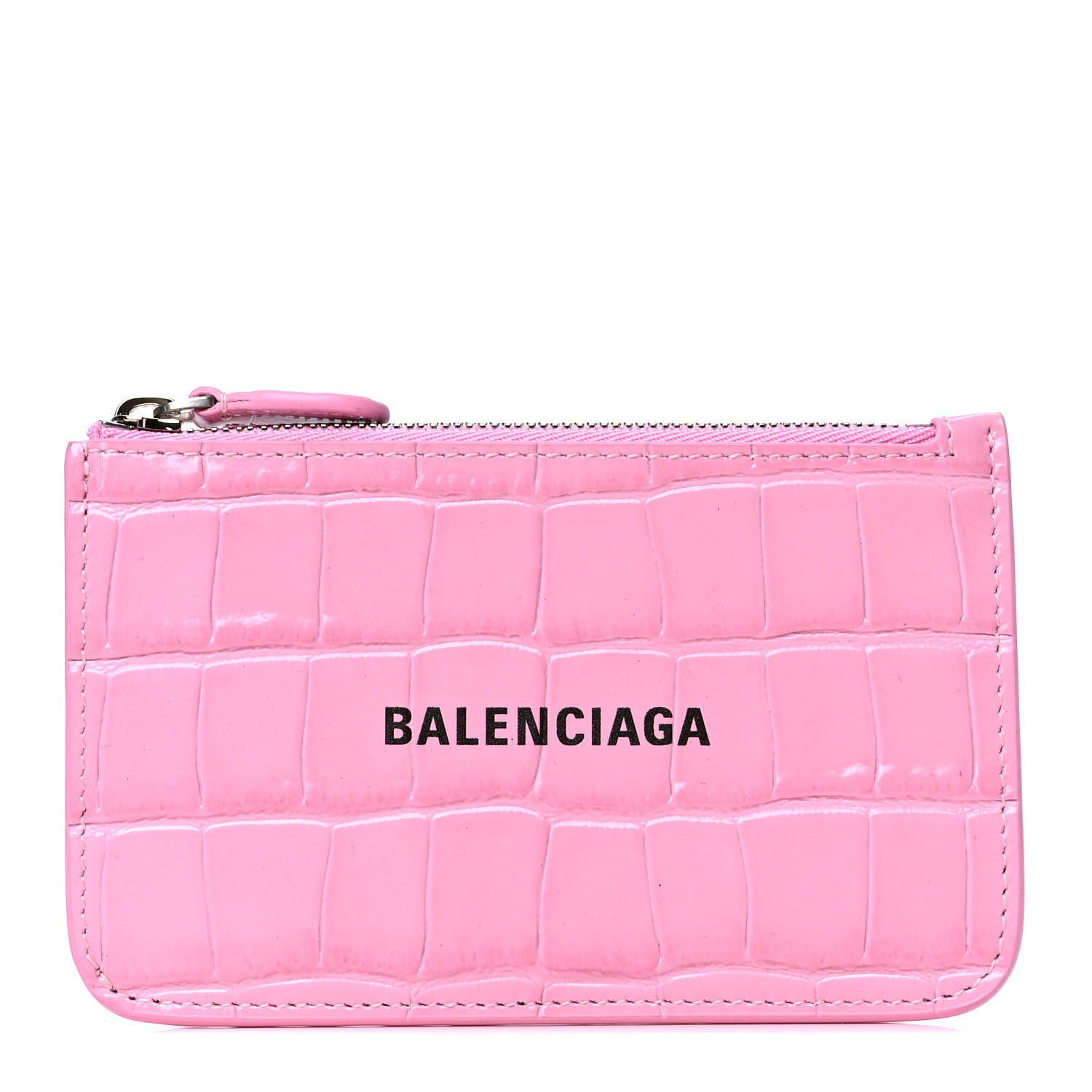 Balenciaga Shiny Calfskin Logo Crocodile Embossed Large Cash Long Coin Card Holder Pink Black 1 of 4