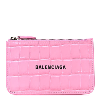 Balenciaga Shiny Calfskin Logo Crocodile Embossed Large Cash Long Coin Card Holder Pink Black 1 of 4
