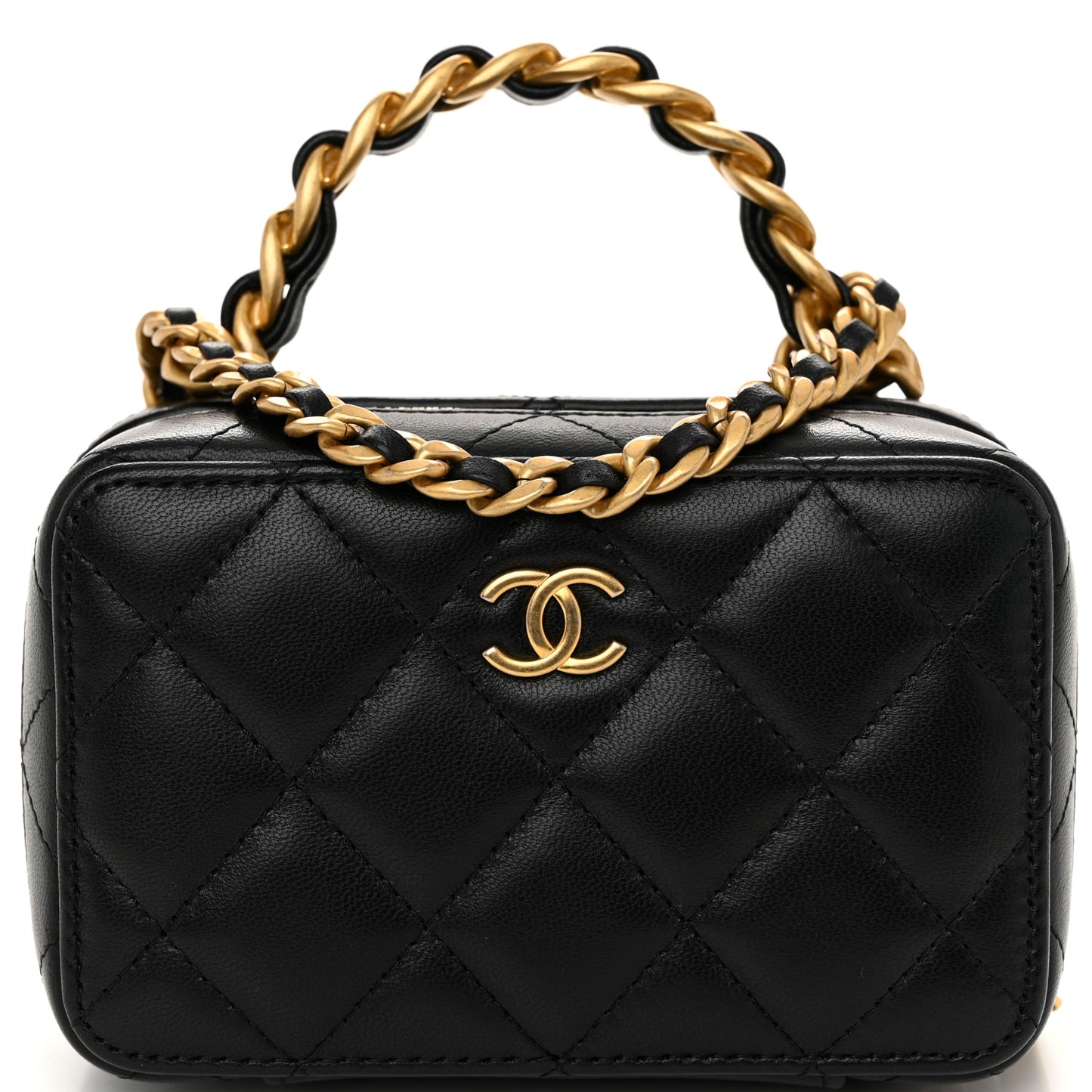 Lambskin Quilted Top Handle Mini Vanity Case Black