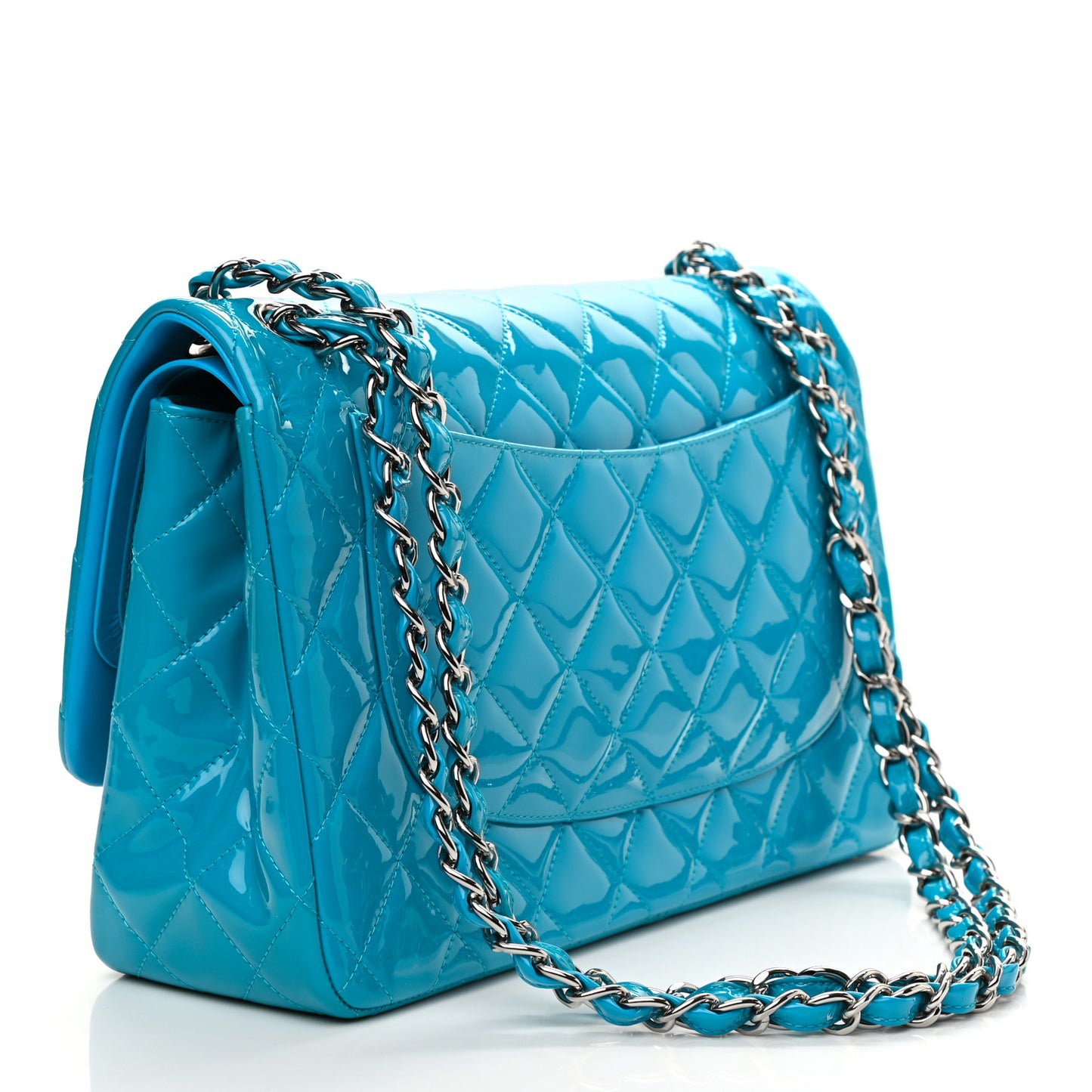 Patent Calfskin Quilted Jumbo Double Flap Turquoise