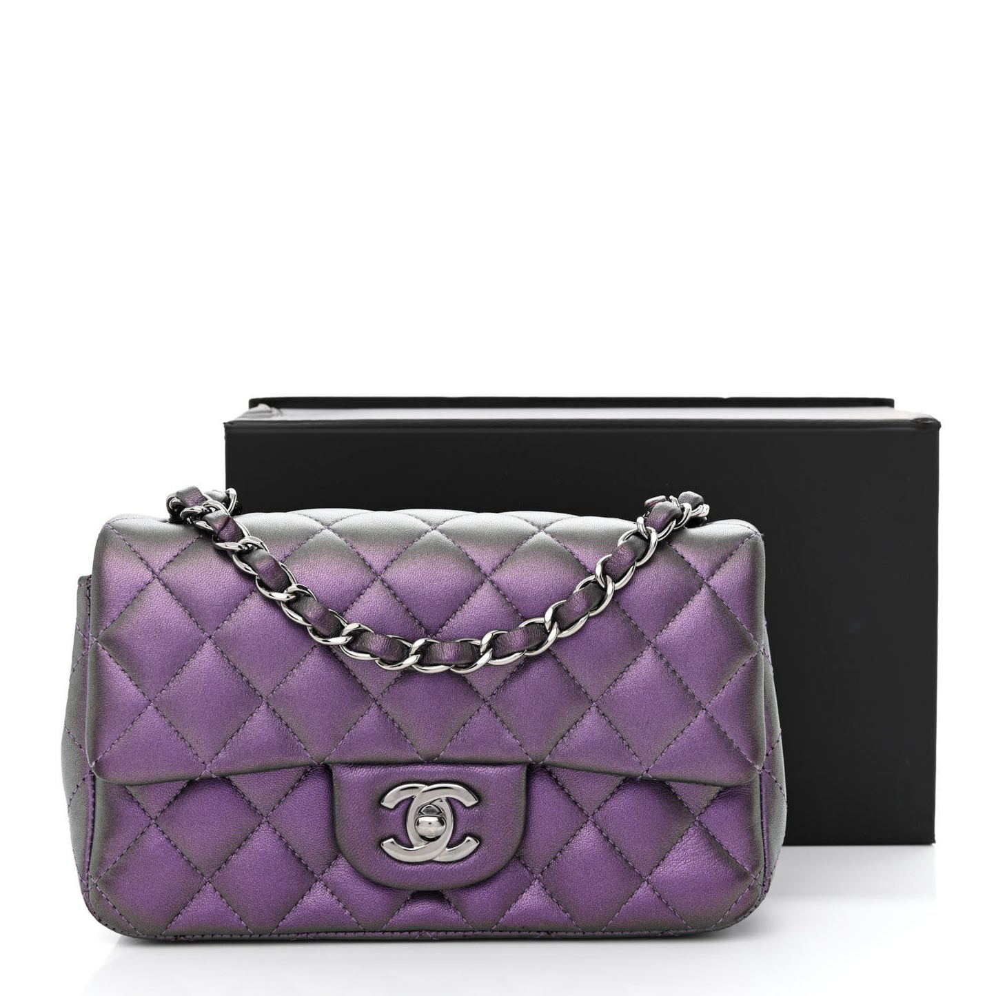 Iridescent Lambskin Quilted Mini Rectangular Flap Dark Purple