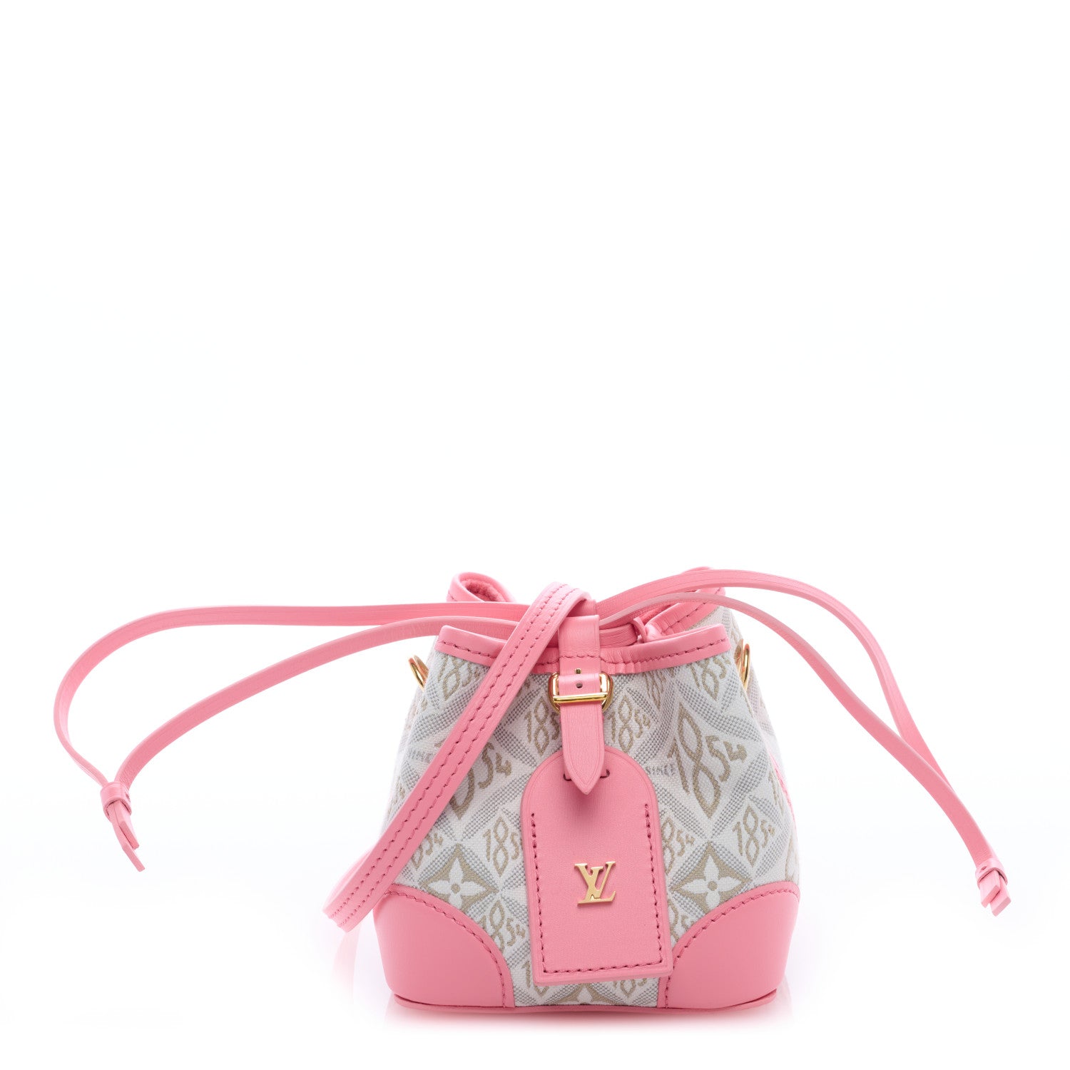 this is an image of a LOUIS VUITTON Jacquard Since 1854 Noe Purse in the colors Ecru Beige and Pink by FASHIONPHILE