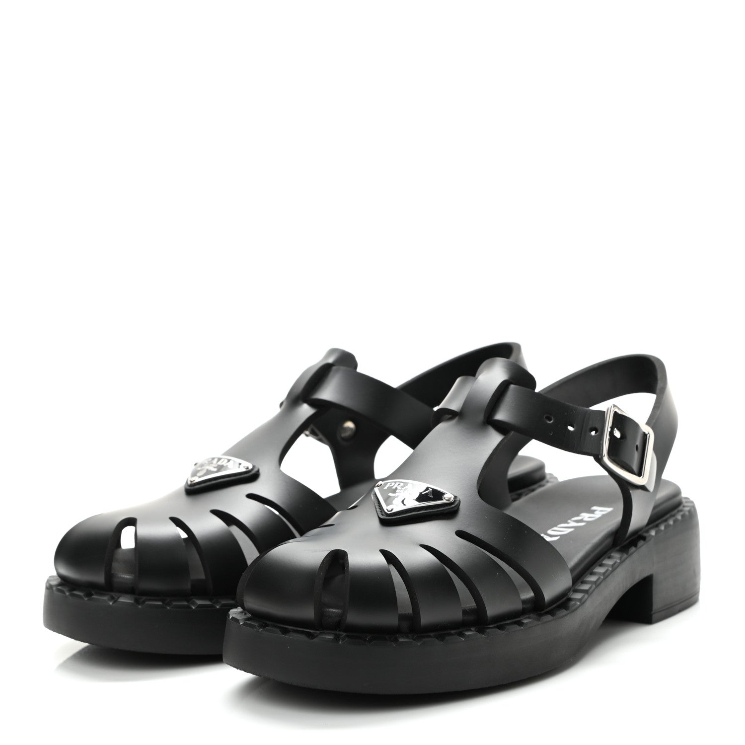 Prada Foam Rubber Metal Triangle Logo 50mm Cage Sandals 39 Black 3 of 8