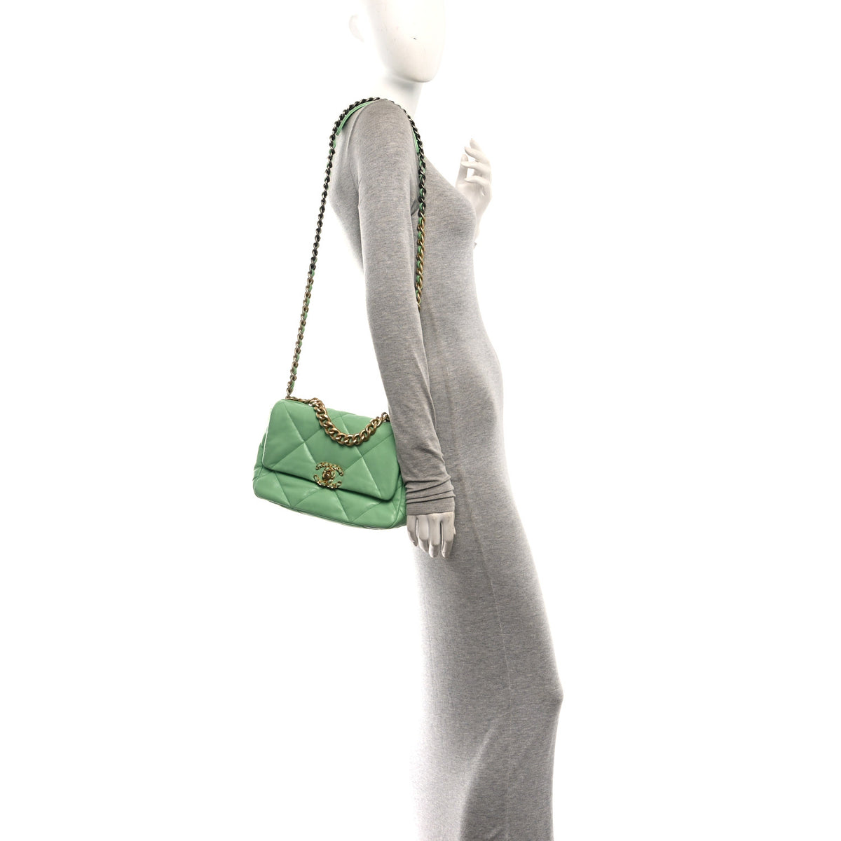 Chanel Goatskin Quilted Medium Chanel 19 Flap Light Green 3 of 10
