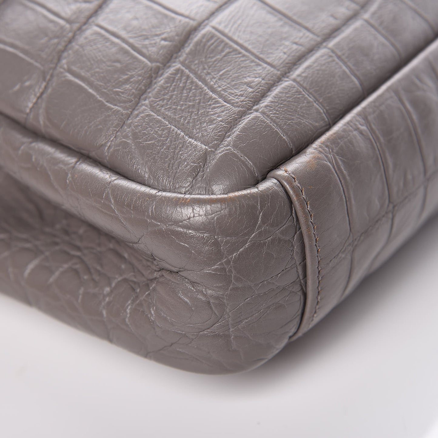Calfskin Crocodile Embossed Medium College Monogram Satchel Gray