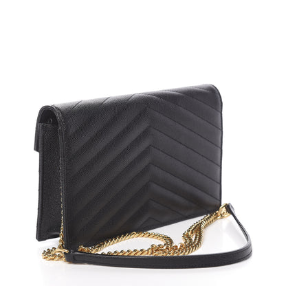 Saint Laurent Grain De Poudre Matelasse Chevron Monogram Envelope Chain Wallet Black 3 of 11