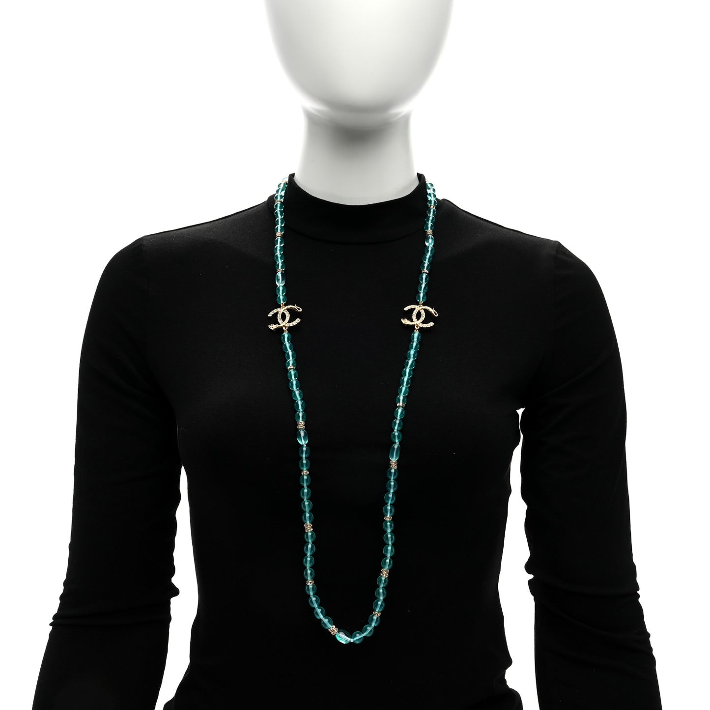 Metal Crystal Beaded CC Long Necklace Gold Blue