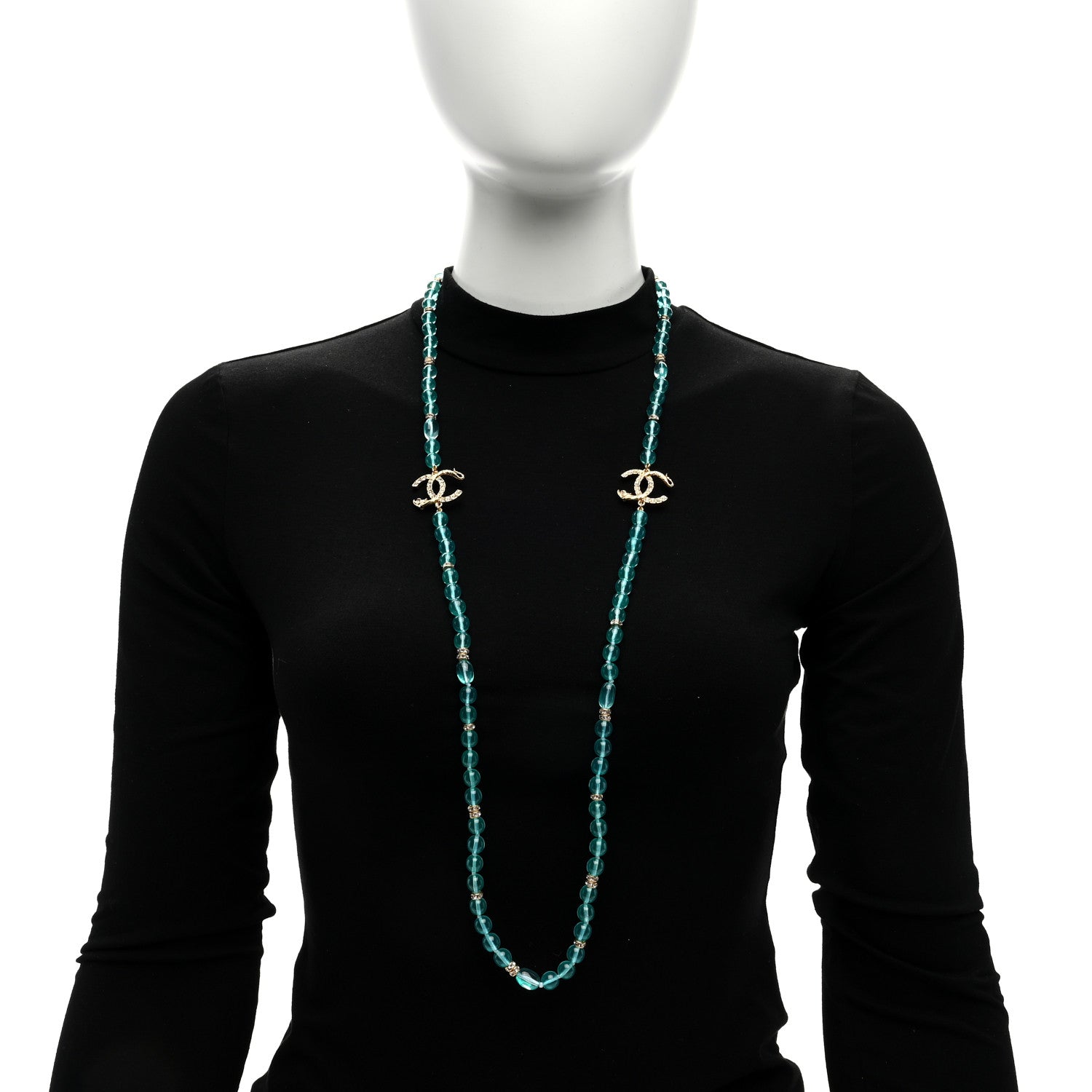 Chanel Metal Crystal Beaded CC Long Necklace Gold Blue 3 of 4